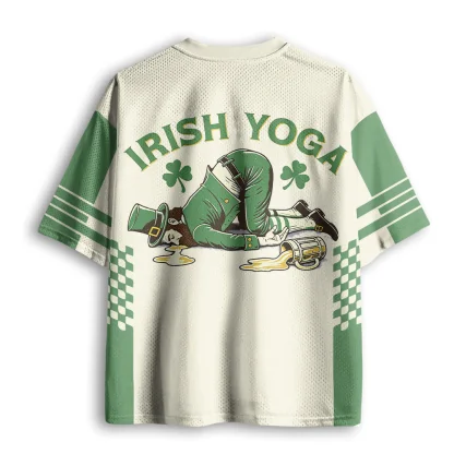 Irish Yoga Leprechaun Clover Print Men V Neck Mesh Jersey St Patrick Day Short Sleeve Tops