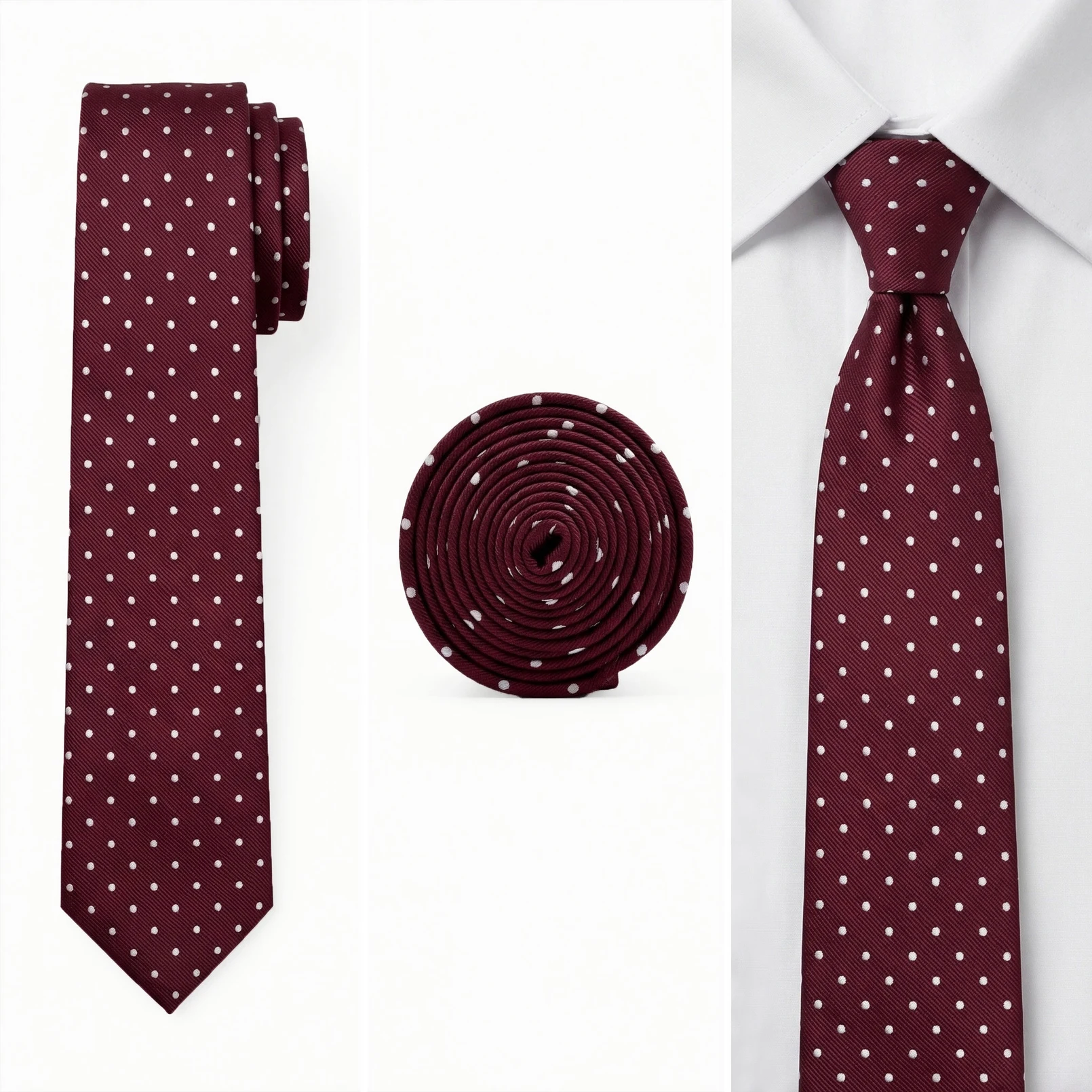 Conjunto de Corbata y Pañuelo de Bolsillo para Hombre, con Puntos, en Rojo Granate y Blanco, para Boda, Regalo, Fiesta, Extra Largo XL 160cm, Corbata Delgada, Moda