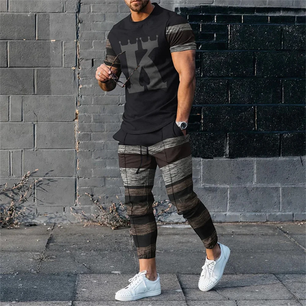 Men\'s Trousers Tracksuit 2 Piece Set Fashion Casual Sportswear Summer Streetwear Short Sleeve T Shirt Long Pants Male Clothing