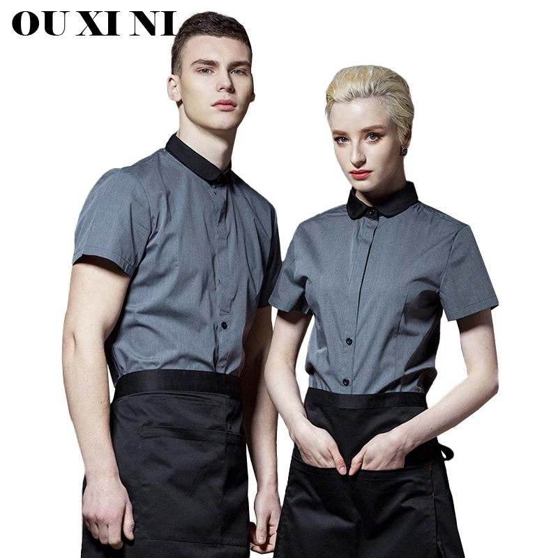 Grey Short Sleeve coat Chef Uniform Breathable Kitchen Cooking Jacket Restaurant Hotel Cafe Barber Shop Waiter Work Shirt Unisex