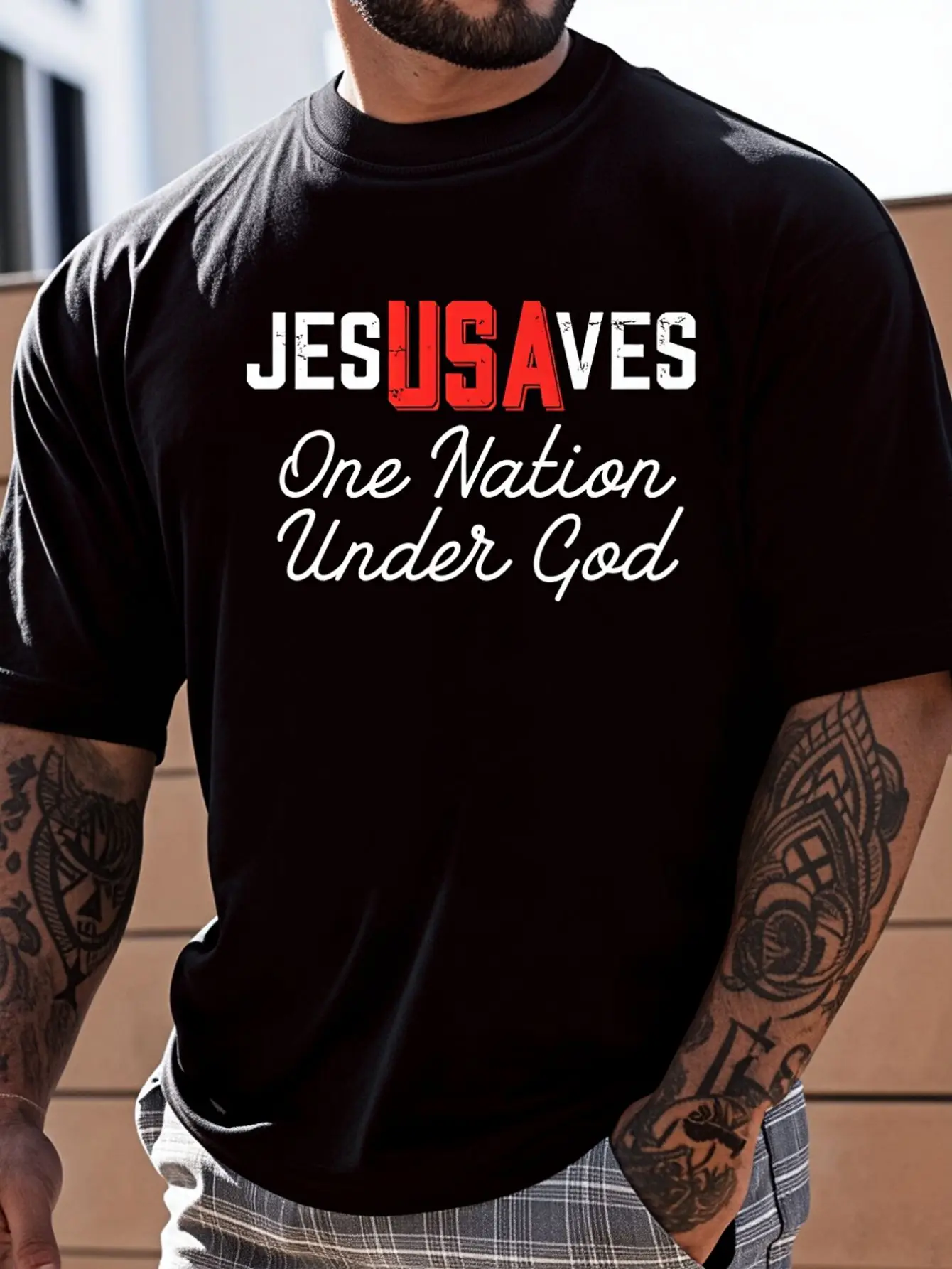 100% Cotton Jesus Saves USA One Nation Under God Jesus Christian Gift T-Shirt Women's Men's Graphic Tee, Printed T-Shirt, Short-Sleeved Crew Neck Casual Top