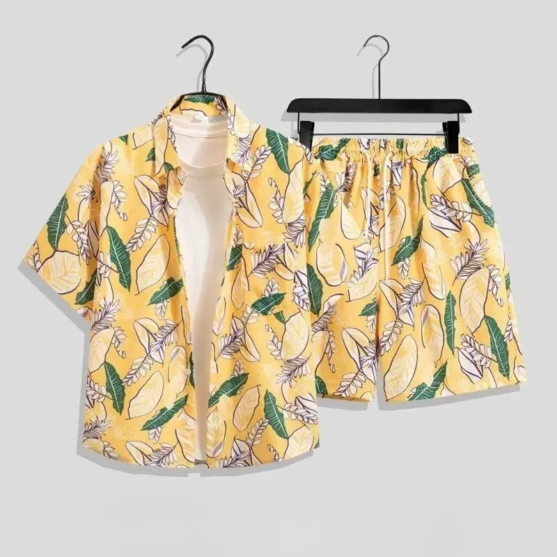 

Men's Summer Beach Seaside Vacation 2 Piece Set Ice Silk Floral Shirt Loose Fit Shorts New Arrival
