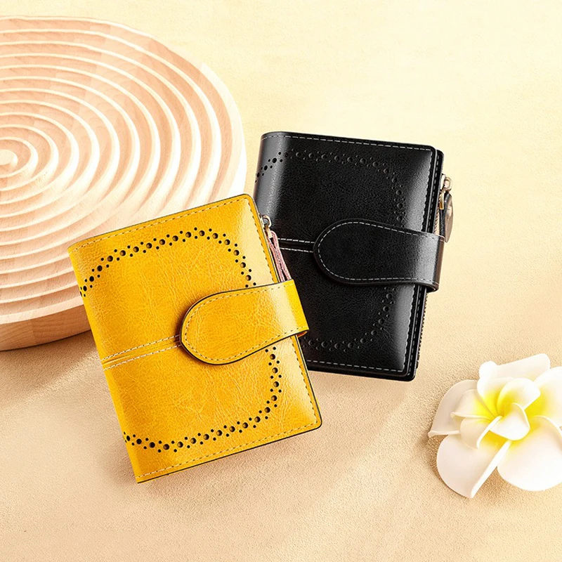 Fashion Hollow Out Short Wallet for Women Genuine Cow Leather Small Zipper Coin Purse Trifold Card Holder Purses Cowhide Wallets