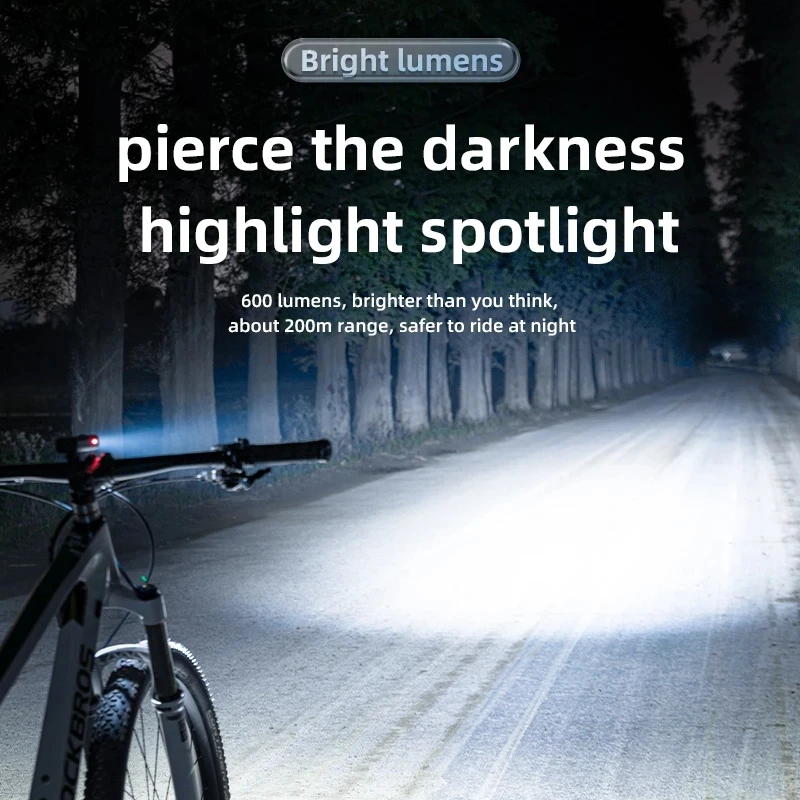 ROCKBROS Bicycle Light Front 600Lumen Bike Light 2600mAh Waterproof Flashlight Type C Charging MTB Road Cycling Lamp Accessories