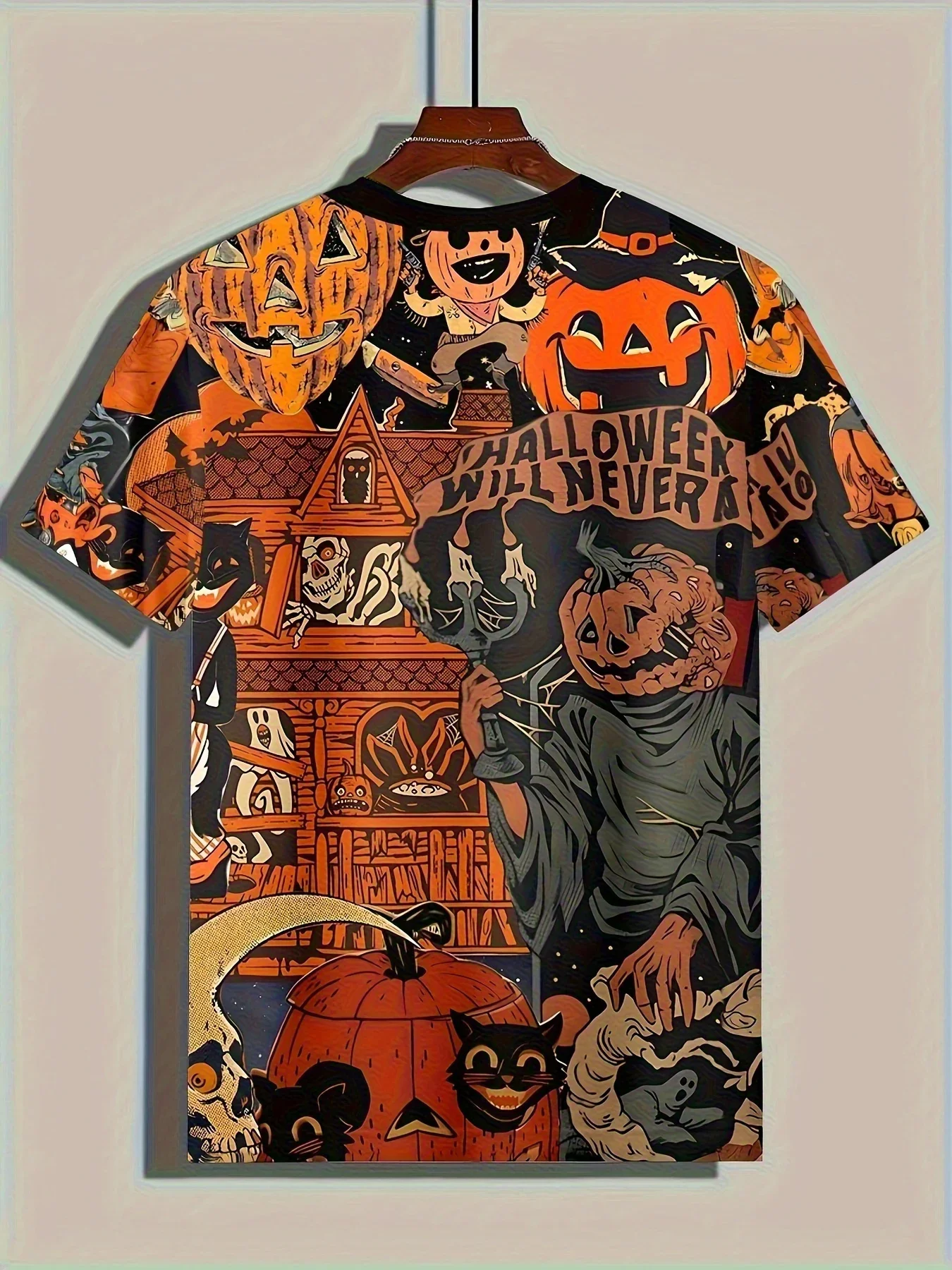 Summer Men's 3D Printed Halloween Themed T-shirt - Full Page Printed with Haunted House, Bat, Lantern, and Ghost Patternstops