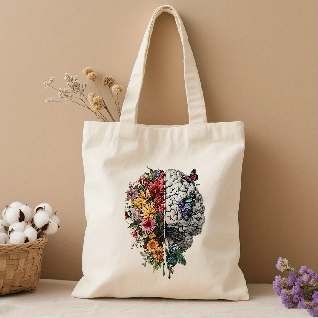 A Brain and flower-themed prints canvas tote bag, suitable for daily use, shopping, school, and travel