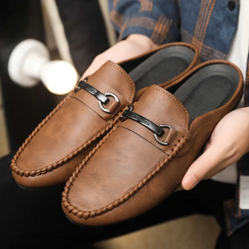 

Soft Soled Men's Bean Shoes Comfortable Breathable Men's Loafers Lazy Shoes Half Toe Mens Driving Shoes