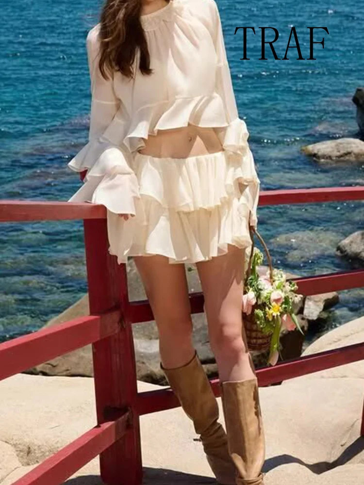 

TRAF European and American style summer new fashion women's clothing ruffled chiffon shirt mid-waist skirt two-piece suit