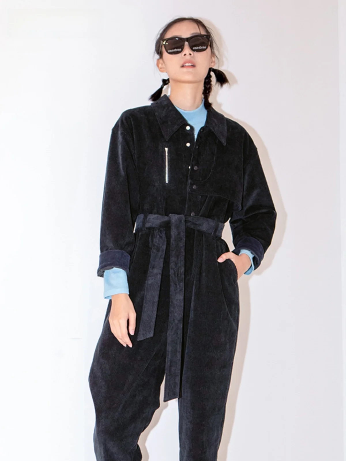 

Esons Love Winter Vintage Corduroy Zipper Waist Cinched Belted ket Overall Pants Women's Faion Cotton Blend Wide Leg Tro...