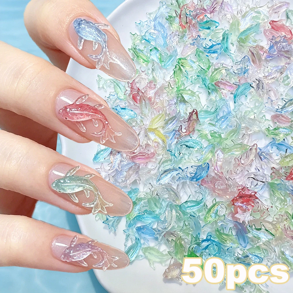 50pcs Sparkling Starry Sky Dolphin Fish Nail Art Charms 3D Ice Transparent Macaron Color Koi Fish DIY Manicure Accessories Decor