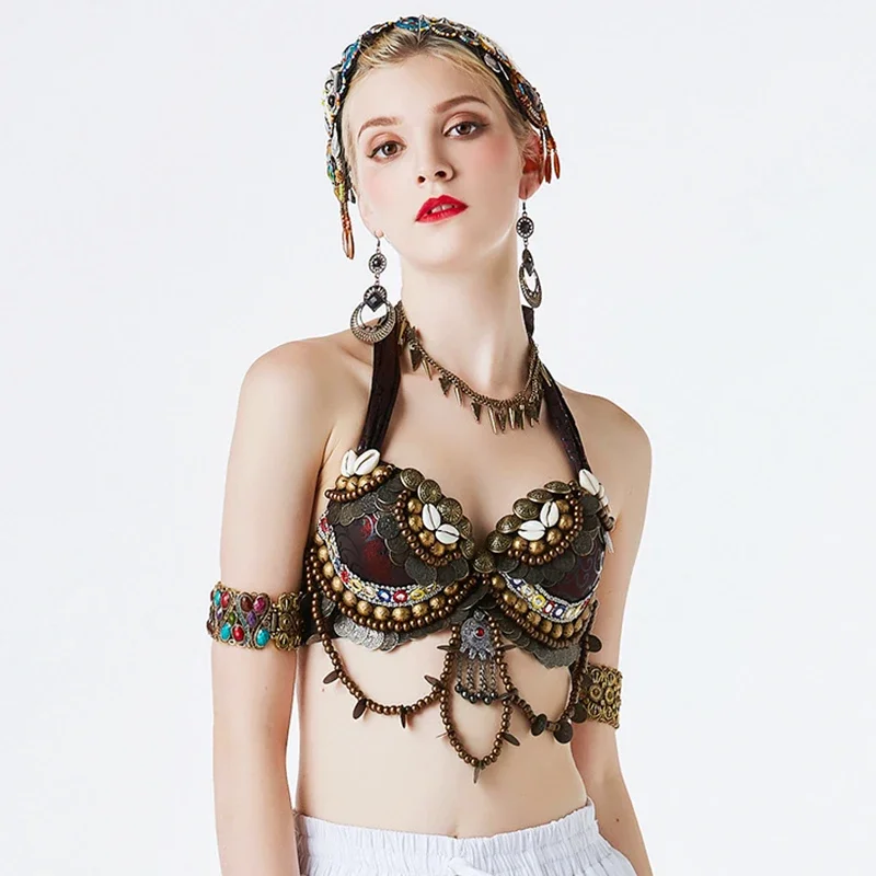 

Tribal Belly Dance Push Up Beaded Bra B-C-D Cup Vintage Gypsy Bra Bronze Coins Swags ATS Tops