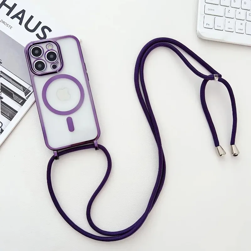 Funda con cordón colgante y marco metálico para iPhone Air 17 16E 16 15 14 13 12 11 Pro Max, magnética para Magsafe 2