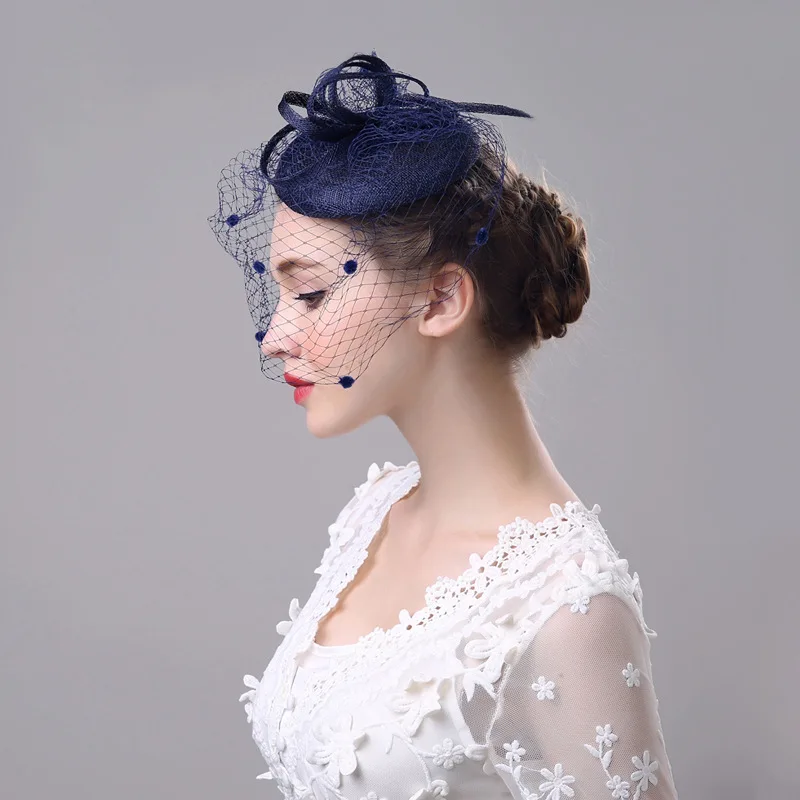 European and American Wedding Bride Hat Elegant Linen Large Mesh Vintage Hat Flower Banquet Hair Accessories Handmade