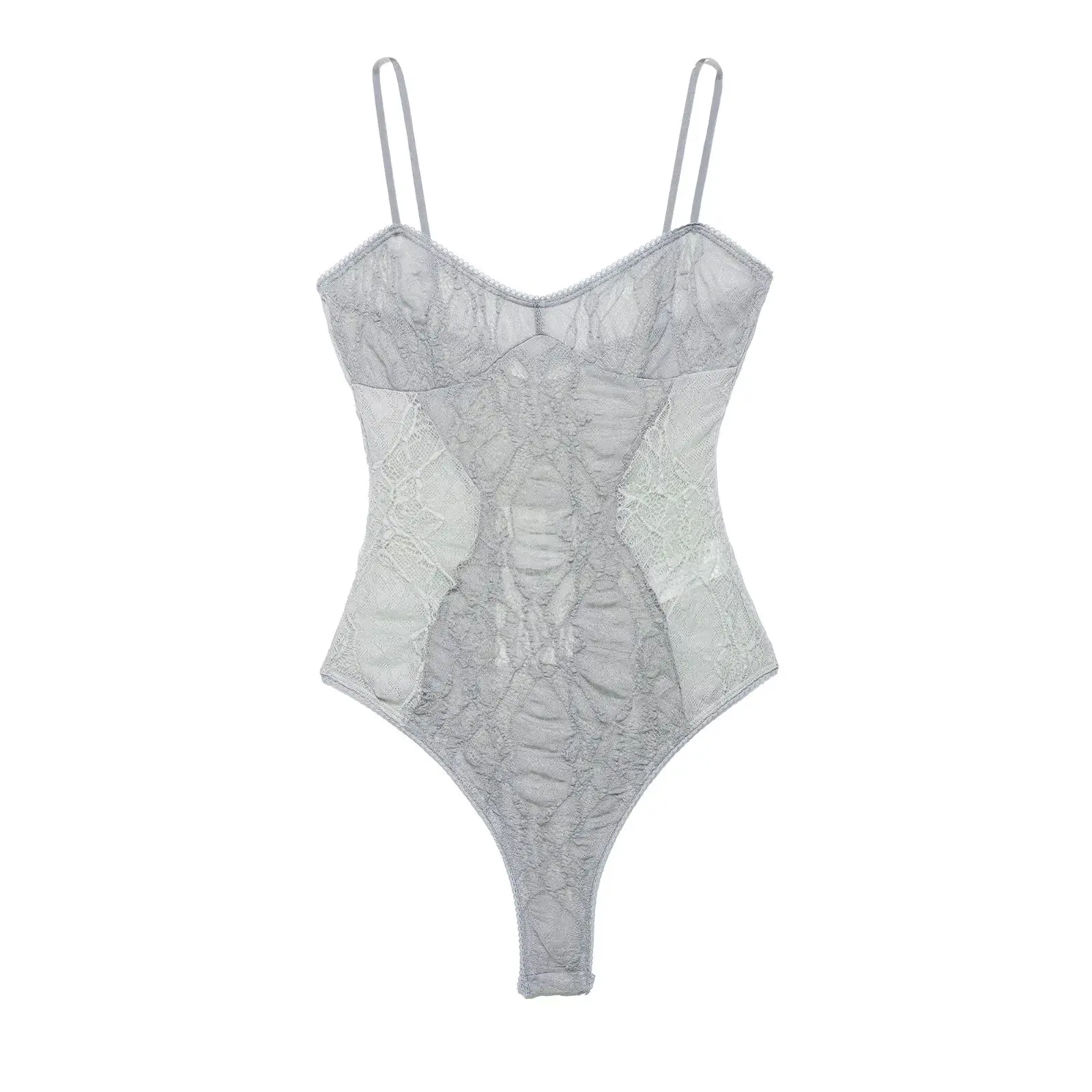 HH Eleganter Lässiger Grauer Spitzen-Bodysuit, Damen Transparenter Mesh-Top mit Spaghettiträgern, Sexy Sommer-Ästhetik Ausgeh-Oberteil – Detail 2