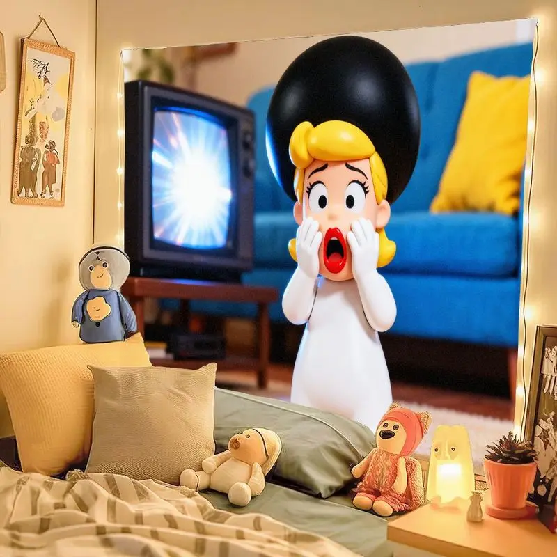 1 Buah Tapestry Gadis Kartun Lucu dengan Topi Bola Hitam Ikonik & TV Retro, Seni Dinding Poliester Modern untuk Ruang Tamu Kamar Tidur