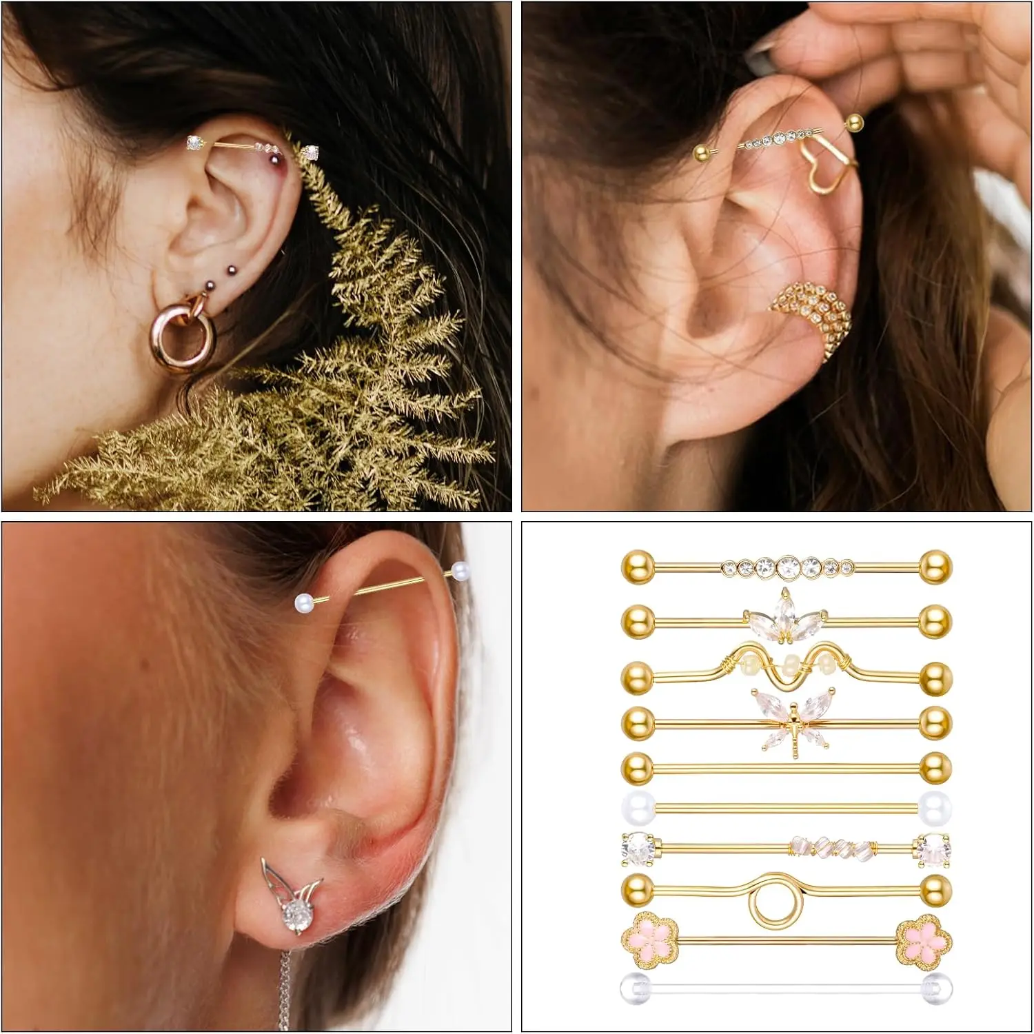 10 pièces 14G bijoux de perçage industriel en acier chirurgical boucles d'oreilles d'haltère industrielle boucles d'oreilles de perçage d'hélice de Cartilage pour femmes hommes