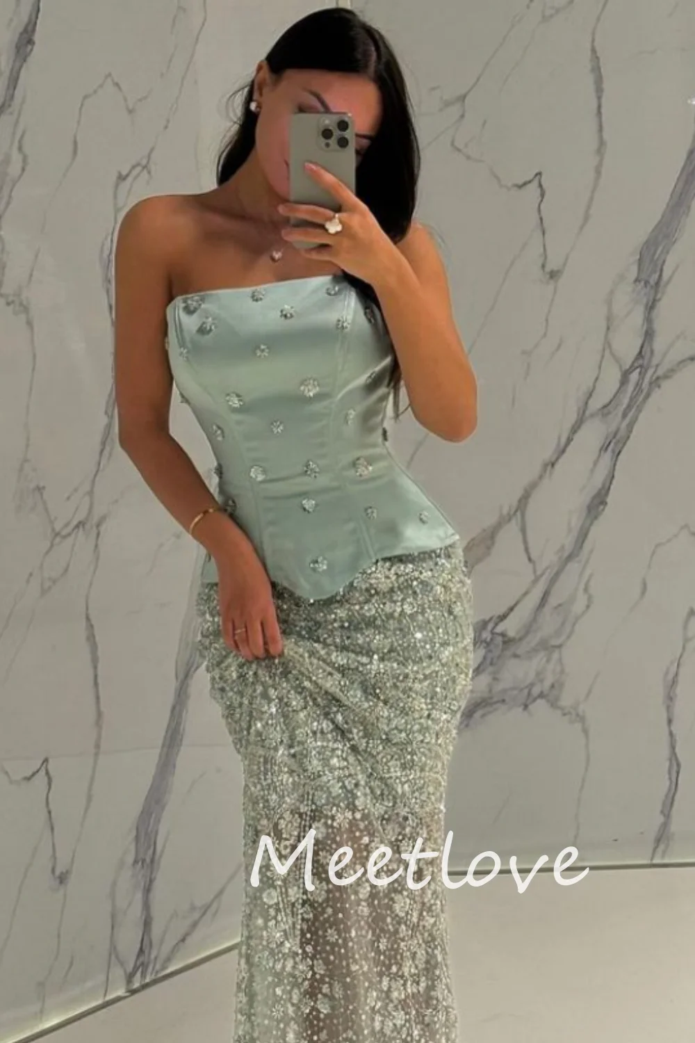 Meetlove 2024 Customized Women Sheath Strapless Sleeveless Tulle Beaded Prom Dress Evening Paty Gown Wedding Guest Dress