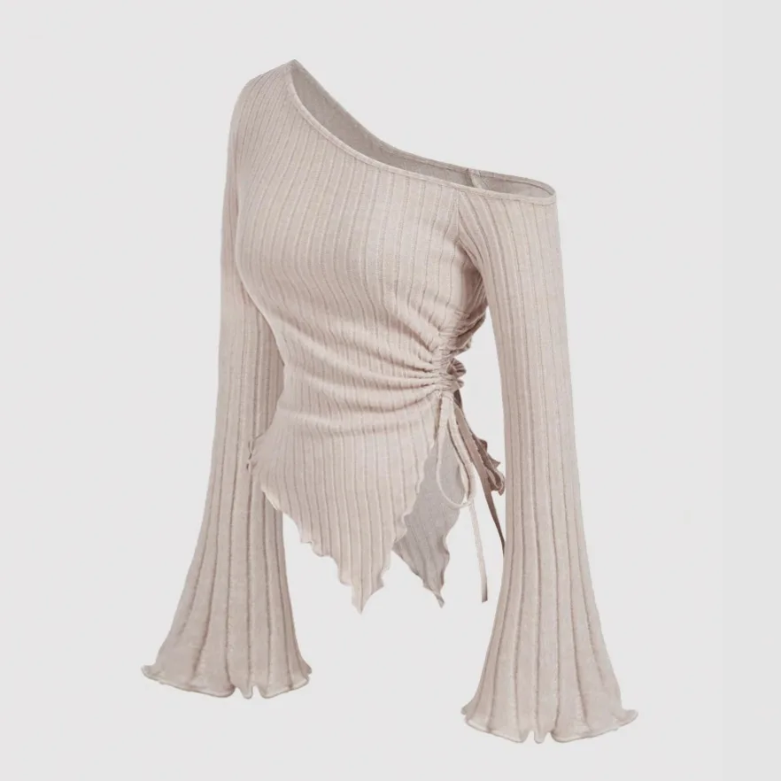 

European and American Women's Flared Sleeve Off Shoulder Knitted Sweater with Irregular Straps and Grooved Stripes Spicy Girl