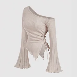 European and American Women's Flared Sleeve Off Shoulder Knitted Sweater with Irregular Straps and Grooved  Stripes  Spicy  Girl