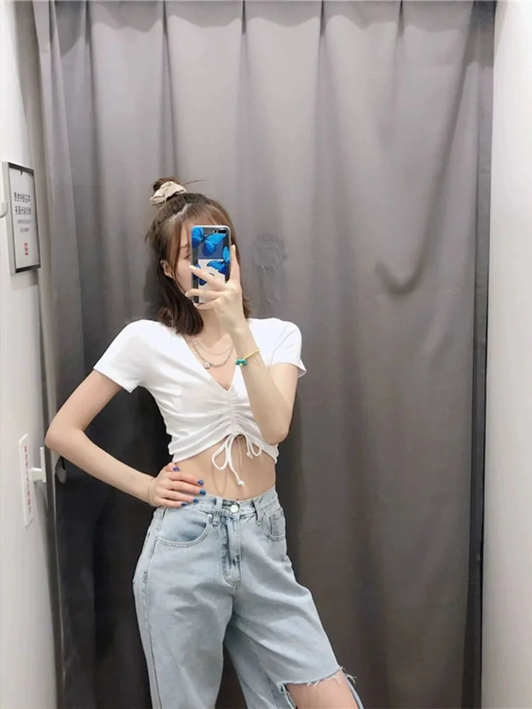 Summer new drawstring tie V-neck slim fit short sleeved shirt, tight fitting top, t-shirt