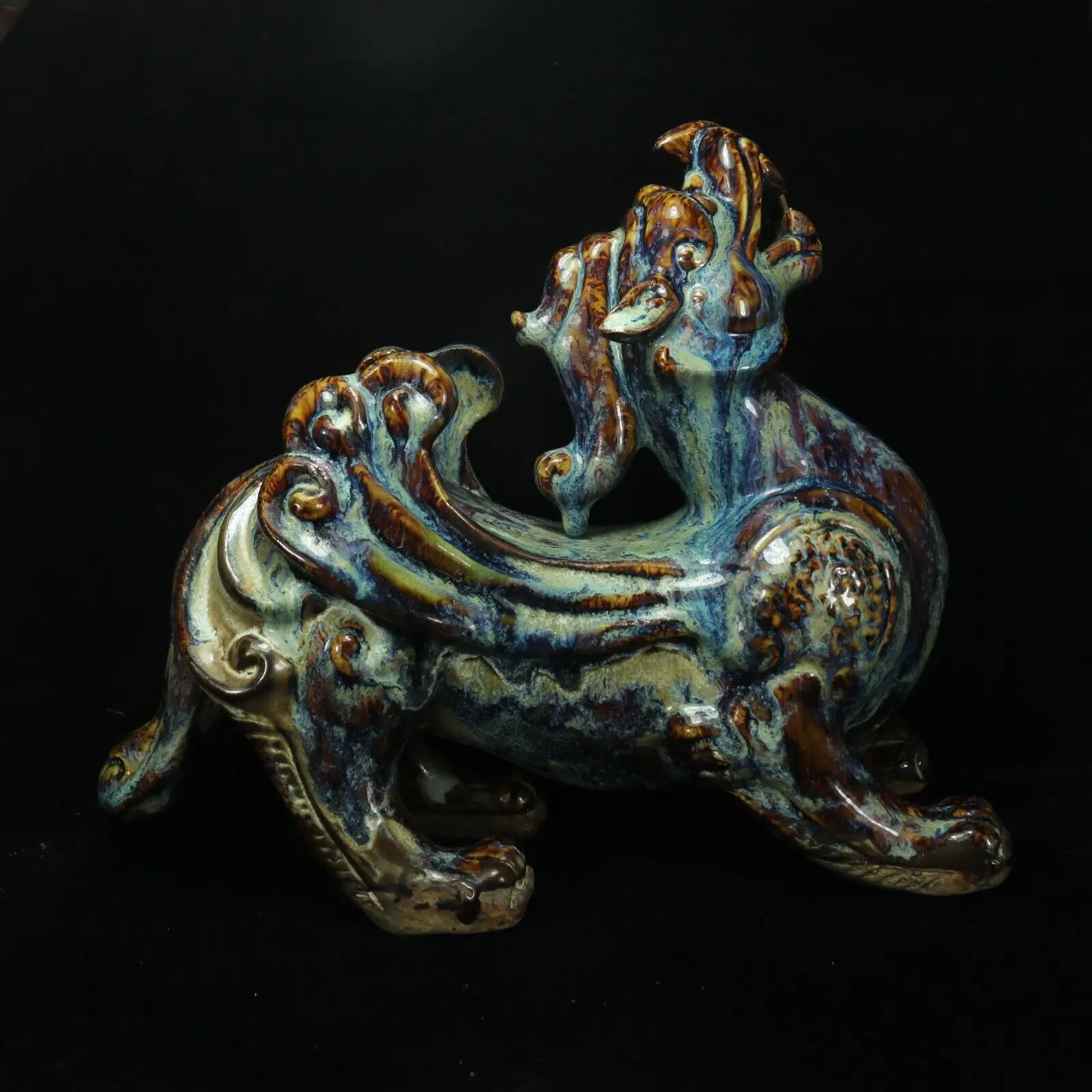 Unique Chinese Jun Kiln Porcelain Change Kiln FengShui God Beast PiXiu Statue