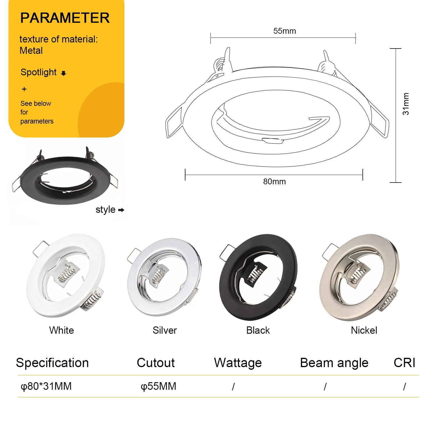 GU10 Enclosure Housing Cover GU10 Round LED Module Spot Light Holder Fixed Recessed LED Downlight Frame 65mm 70mm