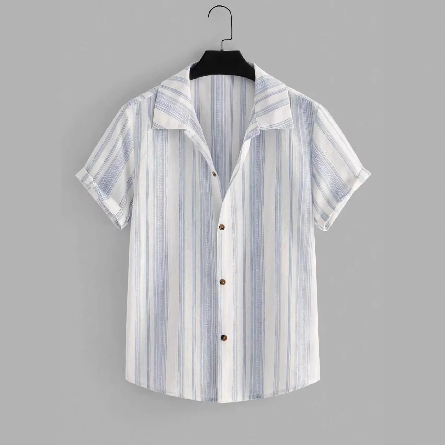 

2026 Summer Men's Stripe Shirt Elegant European Vintage Short Sleeve Blouse Casual Loose Turn Down Collar Fashion Tops New