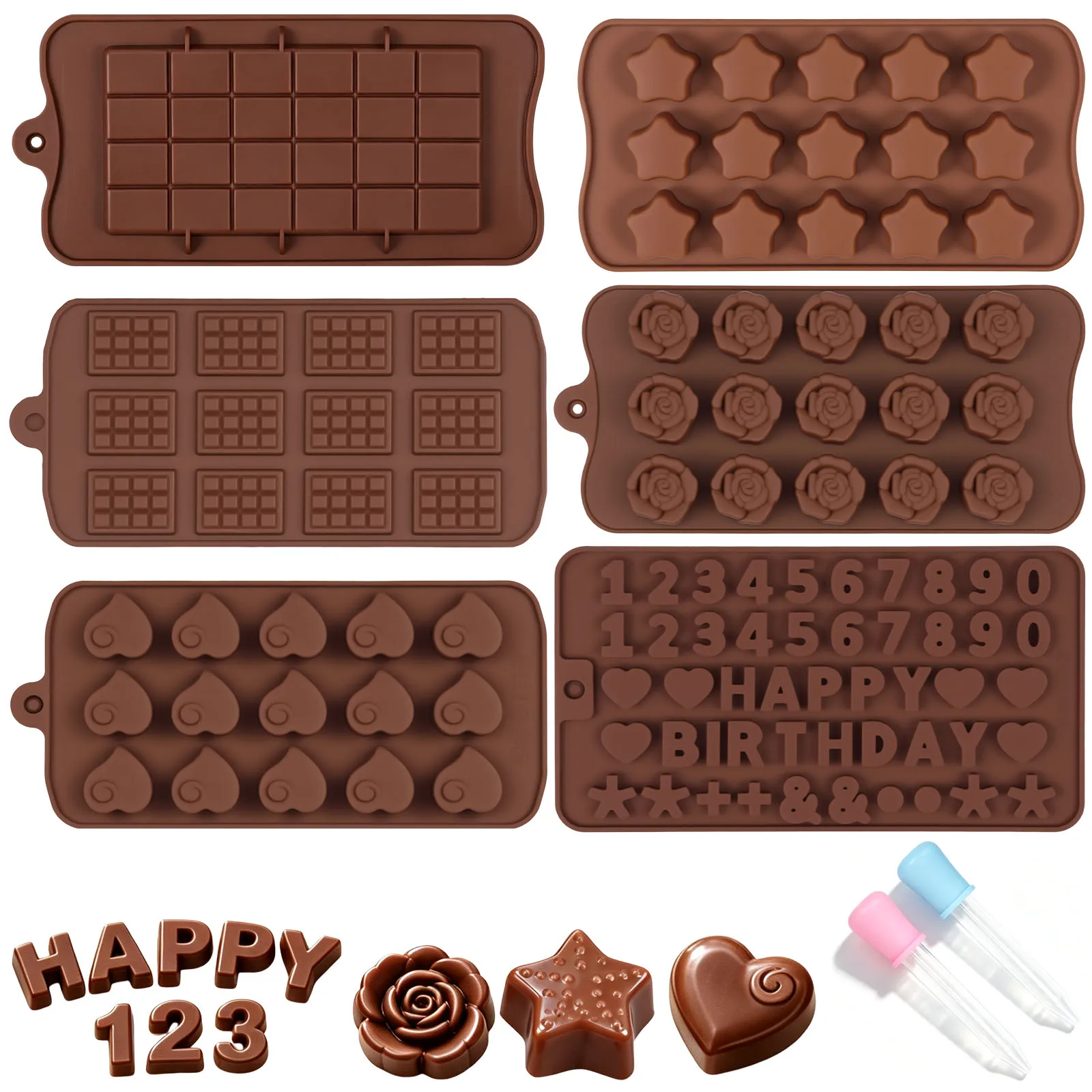 6Pcs Silicone Chocolate Mold with 2 Dropper Silicone Chocolate Candy Mold Multi Shape Baking Pastry Tray Oven Safe for Baking