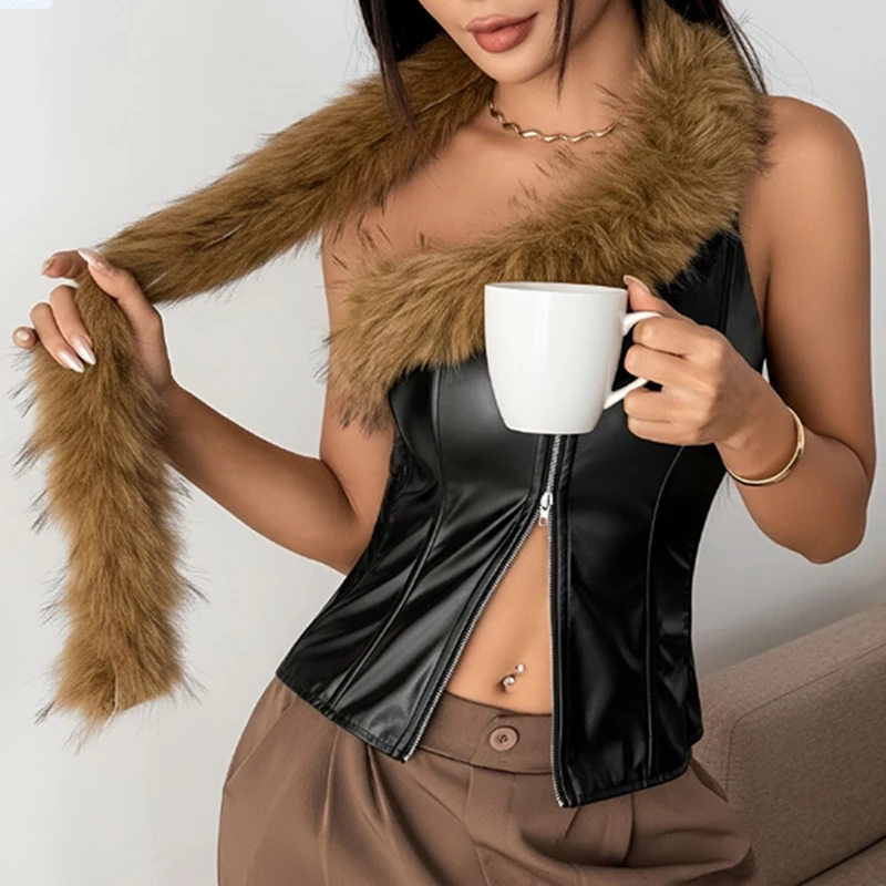 BKLD 불규칙한 디자인의 인조 모피 넥 PU 가죽 지퍼 슬림핏 쿨 패션 핫 걸즈 베스트 2026 Y2K 하이 스트리트 모터사이클 탑스
