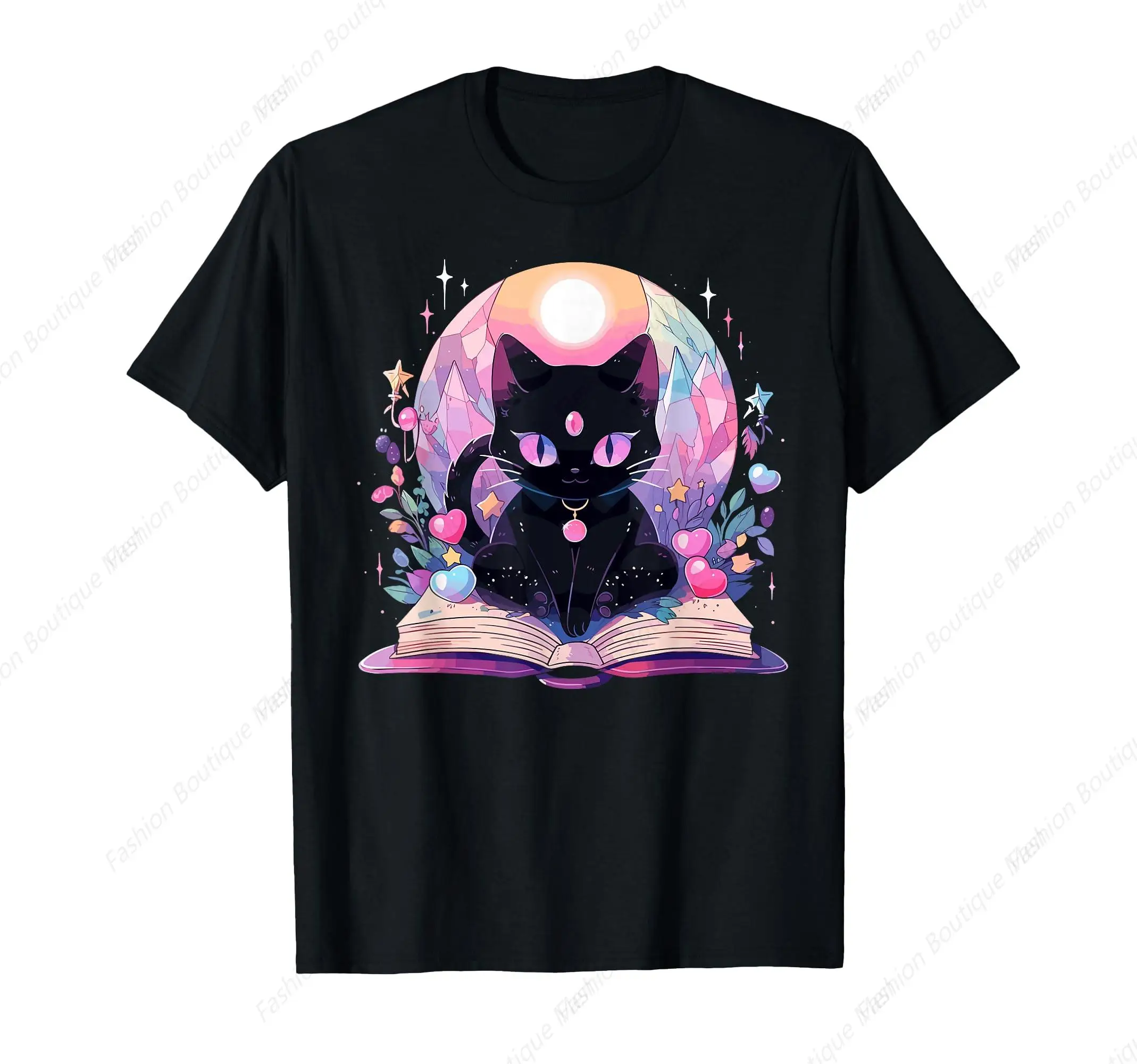 

Vintage Book Lover Crystal Witchy Cute Cat Kawaii Pastel Goth T-Shirt Summer Cotton Short Sleeve