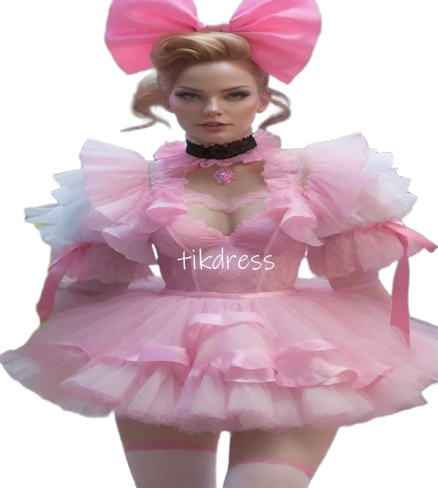 

Lolita Short Pink Prom Dress 2025 Ruffles Sleeves Korean Cosplay Maid Evening Dress Lace Formal Occasion Birthday Customized