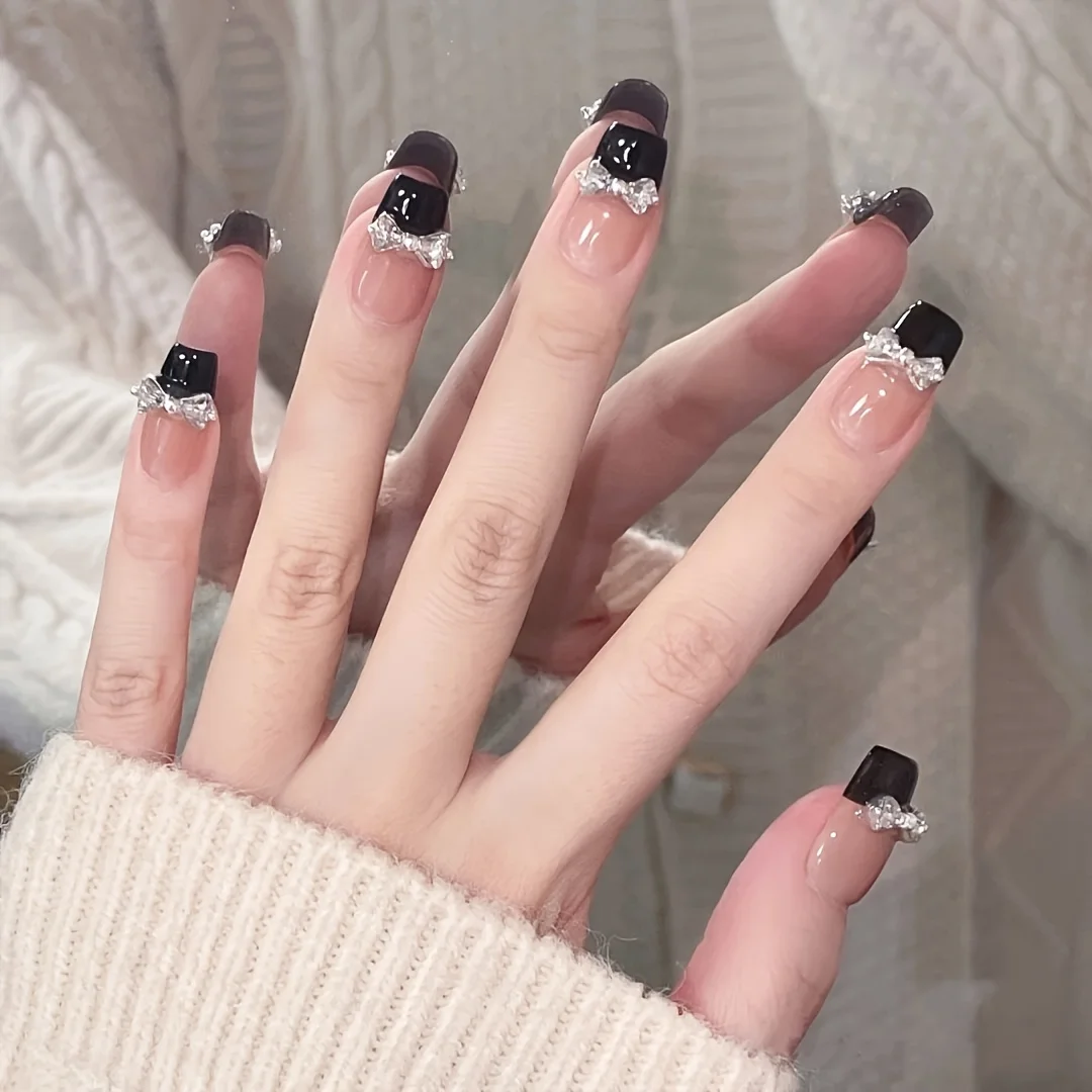 10 pièces presse à la main sur les ongles moyens, décoration d'ongles à nœud scintillant, décorations de manucure pour femmes et filles, ongles réutilisables