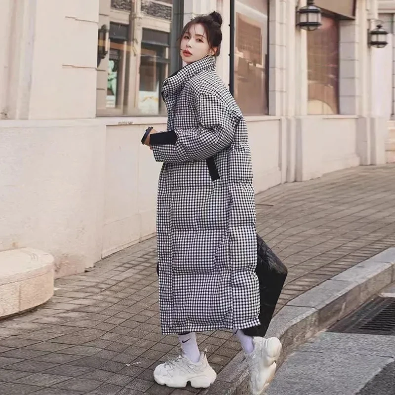 Women Thicken Parka Plaid Down Cotton Stand Collar Jacket Winter New Korean Loose Long Coats Female Warm Padded Parkas Overcoat