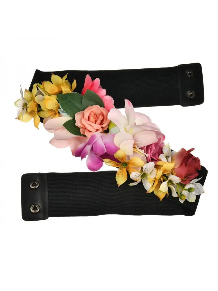 Ladies Imitation Flower Rose Elastic Belt Wholesale Factory Direct Bohemian Style Beach Resort Wide Holiday Clothing Accessories