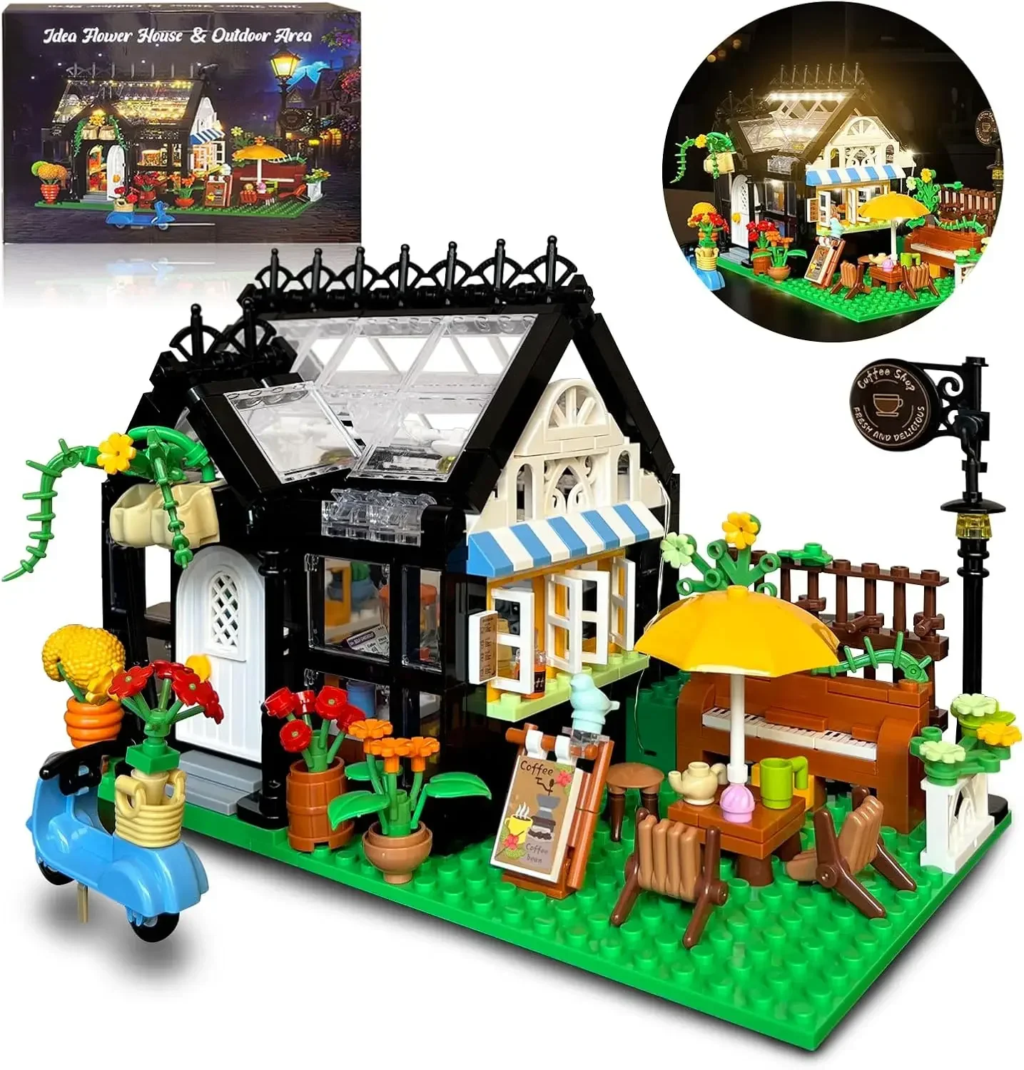 Black Flower Garden Building Set with LED Lights City Street House Flower Shop Building Blocks Toy, Gift for Girls 8-12 Year