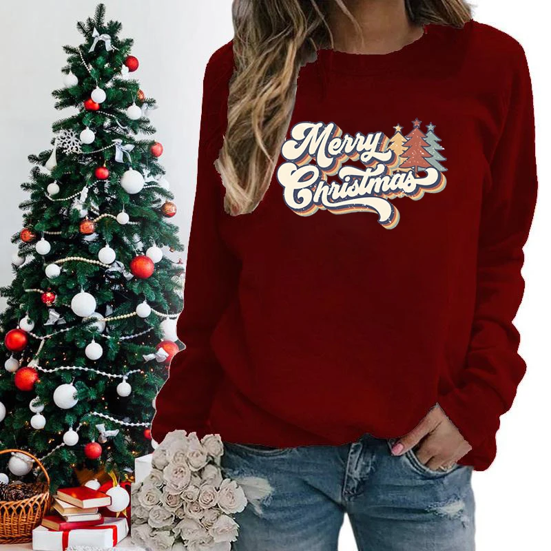 Kaus motif Selamat Natal antik kaus pullover wanita Natal pullover kasual leher bulat lengan panjang musim dingin