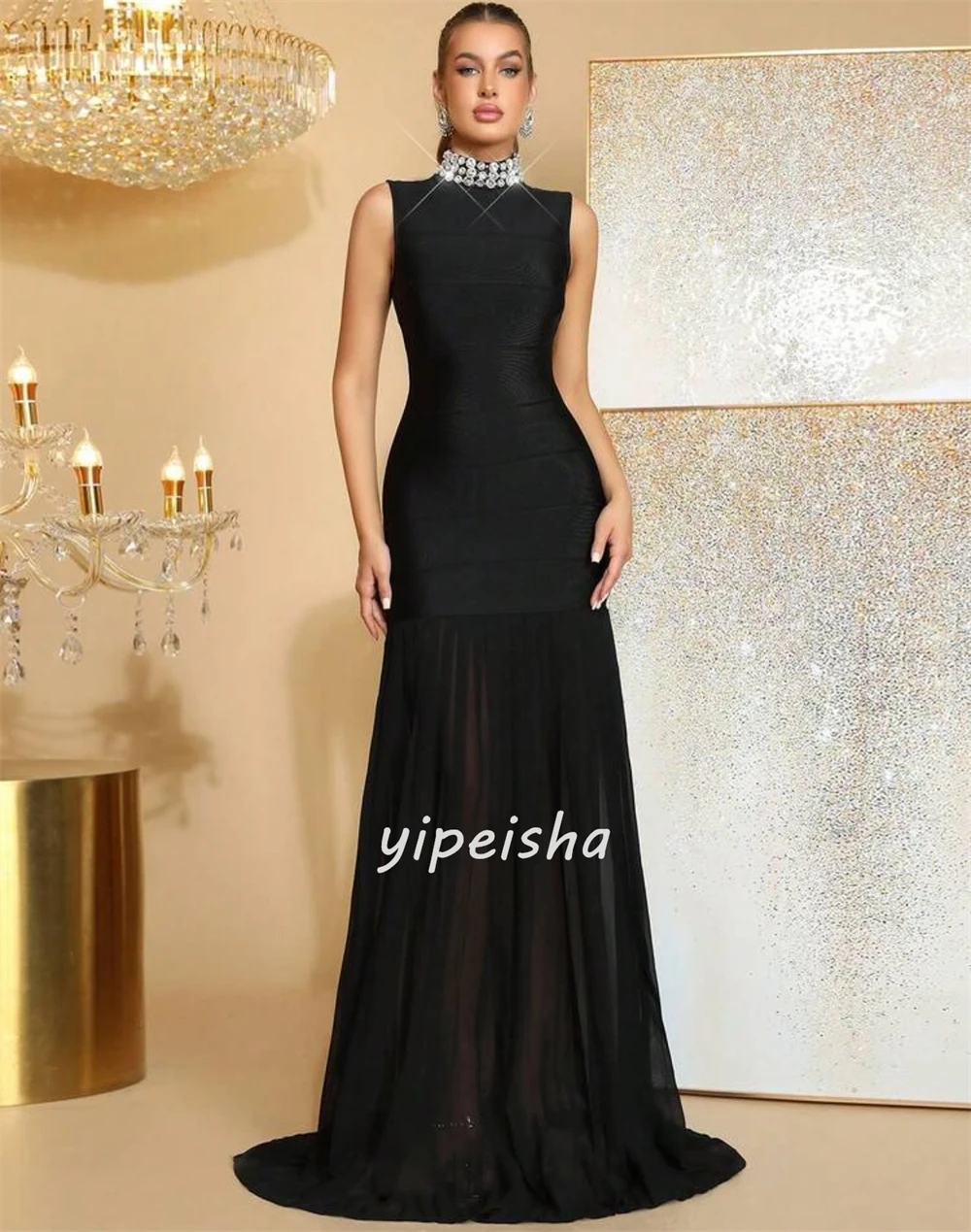 Maßgeschneiderte, hochwertige, klassische Chiffon-Strassfalten, gerade, hoher Kragen, lange Kleider, maßgeschneiderte Kleider für besondere Anlässe