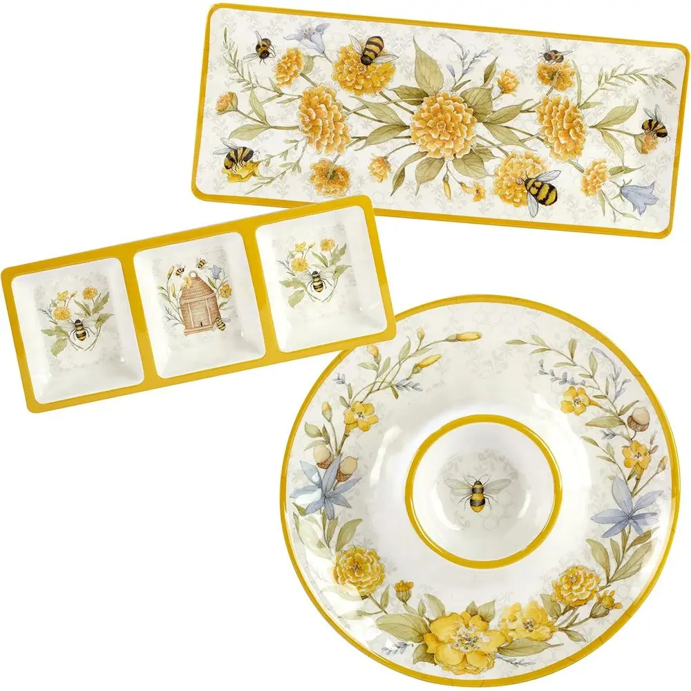 

Spring Floral Melamine Serveware Set: 14.5 Dip Bowl, 3-Section Tray, and 19 Platter for Outdoor Dining
