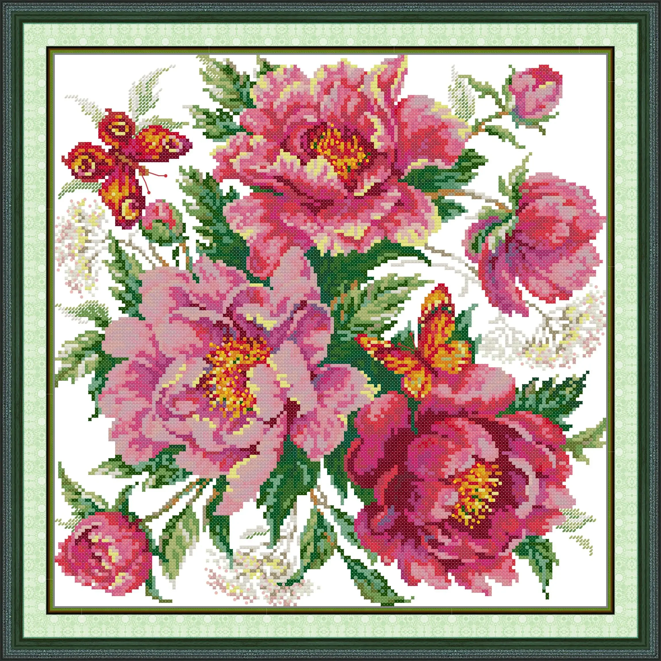 

Joy Sunday Pre-printed Cross Stitch Kit Easy Pattern Aida Stamped Fabric Embroidery Set-Peony Invites Butterflies