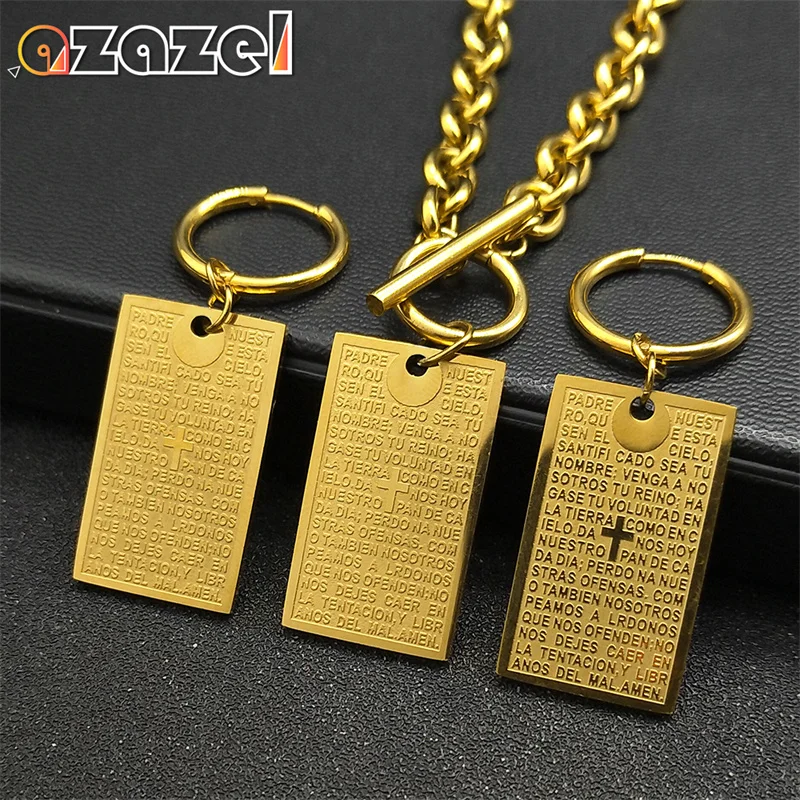 

Christian Cross Bible Verse Prayer Pendant Necklace Earrings Set Stainless Steel Gold Color Medal Religious Jewelry Set