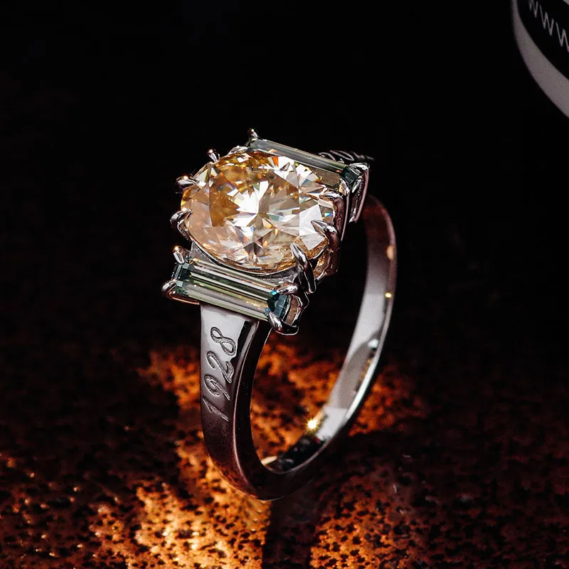Provence 14K White Gold Three Stone Ring With 7*9mm Oval Champagne Moissanite Diamond For Women Customizable Engraving Gift