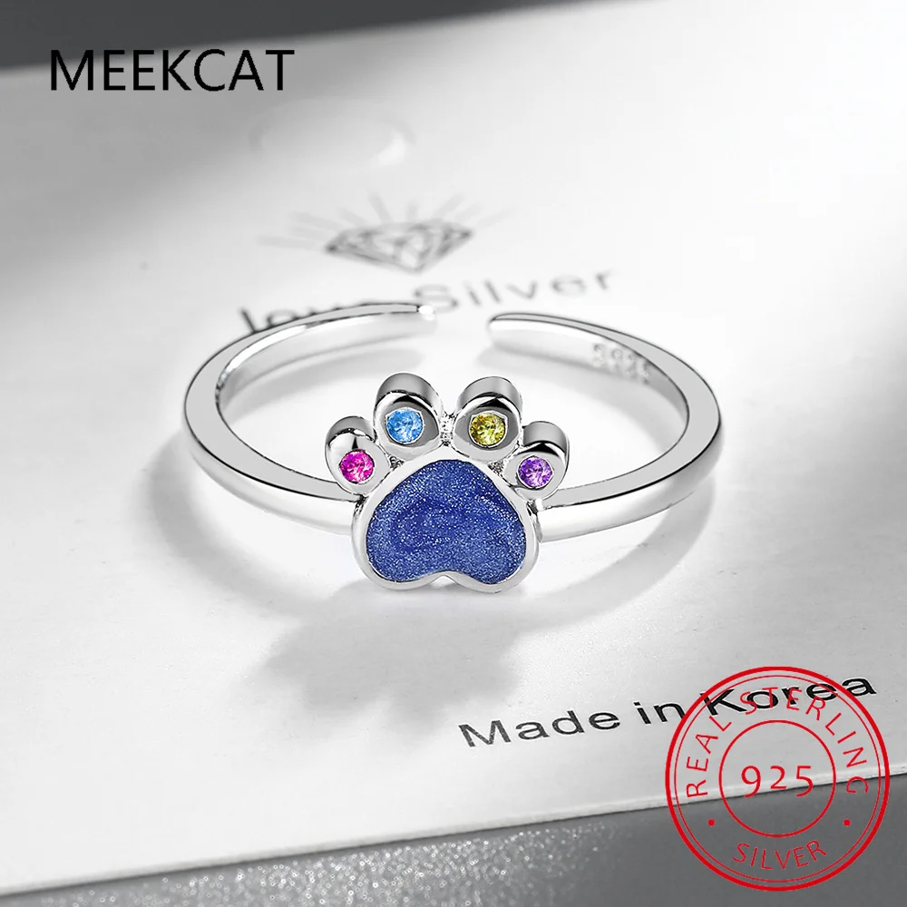 Bague en argent regardé 925 arc-en-ciel avec patte de chat et de chien pour femme, animal de compagnie coloré, bague d'ouverture pour fille, bijoux de fête d'anniversaire, cadeau mignon