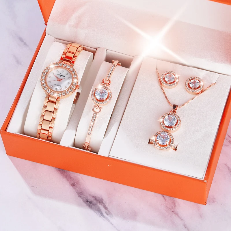 

Wholesale 6PCS Watch Set Women Luxury Fashion Rose Gold Quartz Wristwatch Famous Brand Jewelry Watches For Lady girl gift