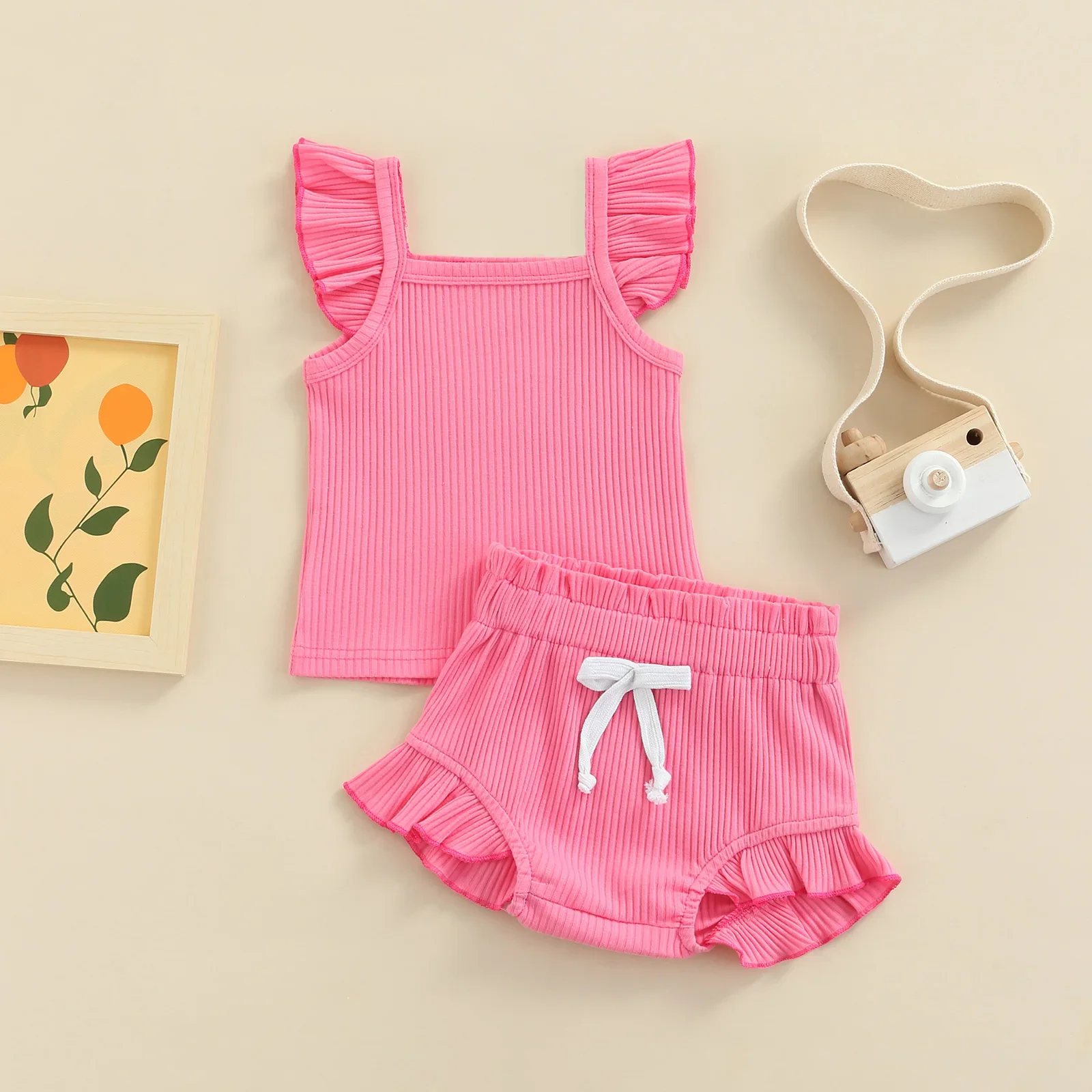 Newborn Infant Baby Girl Two-Piece Solid Outfits, Solid Color Flying Sleeve Romper + Elastic Drawstring Short Pants