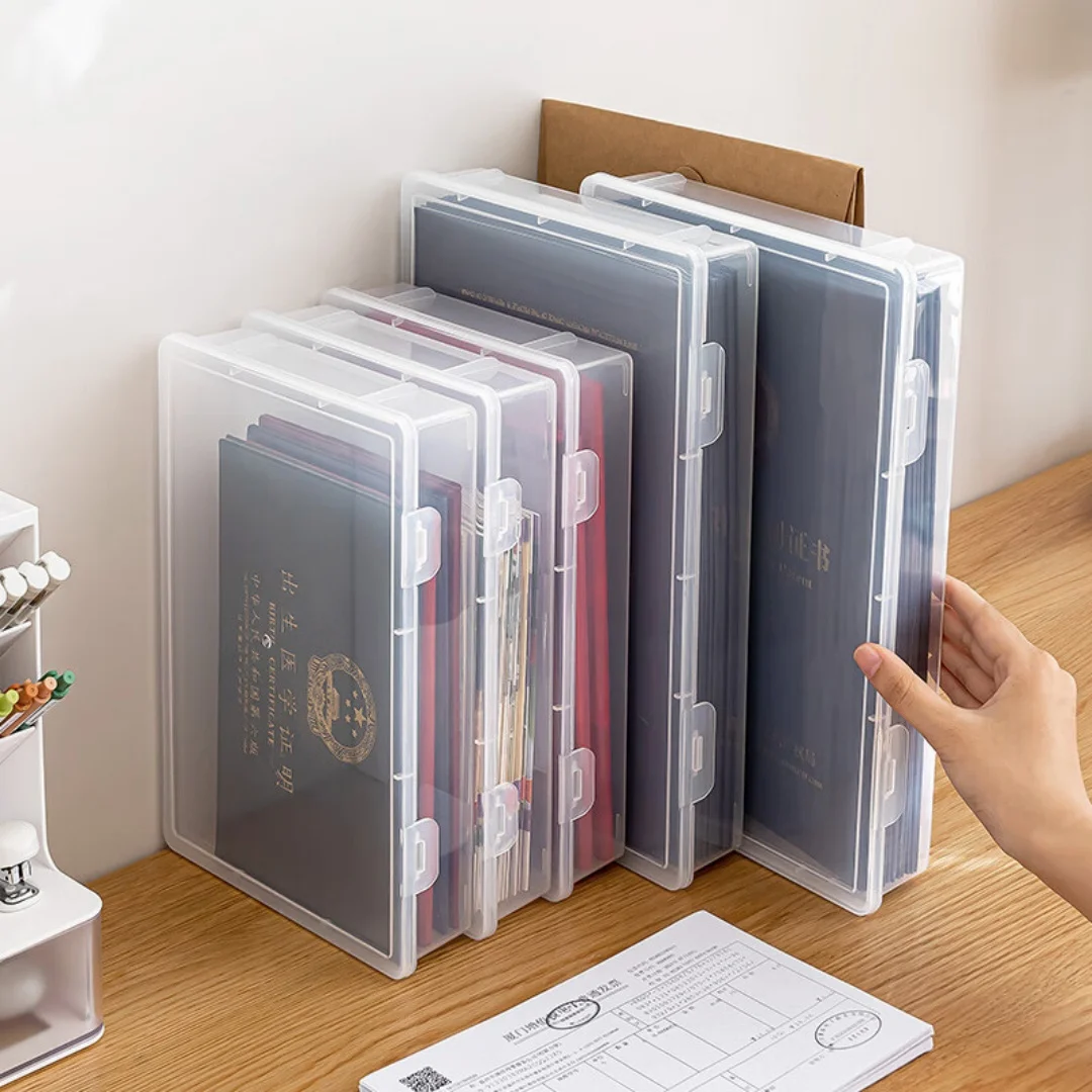 A4 Plastic Document Storage Box Transparent Certificates Organizer Case Dustproof Stackable File Holder for Office Home Paper
