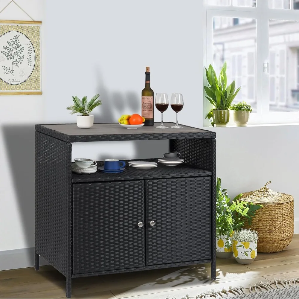 

Patio Outdoor Wicker Storage Cabinet with Shelf,Powder Coated Steel,Patio Bar Table with 2-Door and Shelf,All Weather Resin Wic