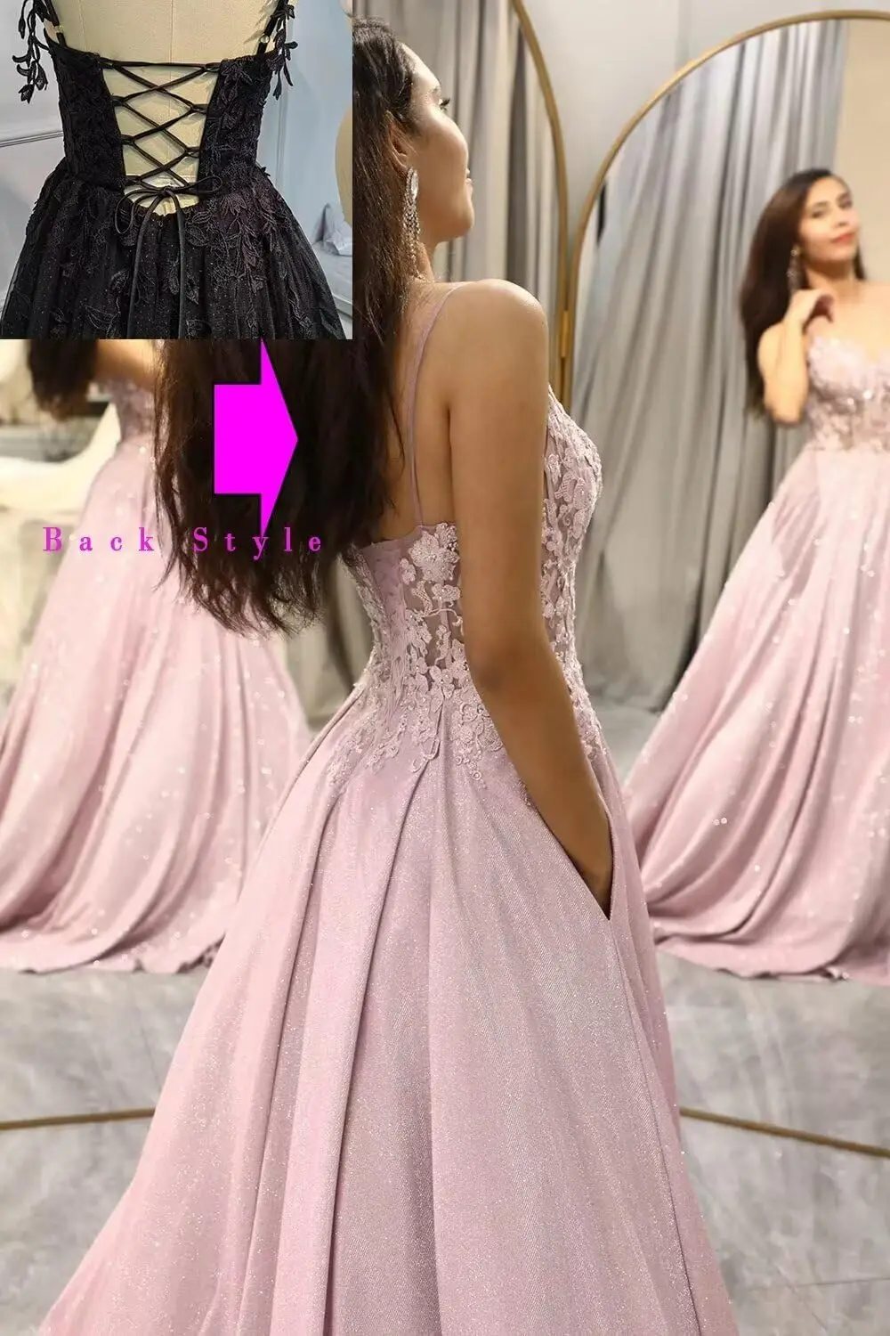 スパゲッティストラップ レースアップリケ キラキラ プロムドレス 2024 グリッターサテン フォーマルイブニングパーティードレス ポケット付き イブニングドレス