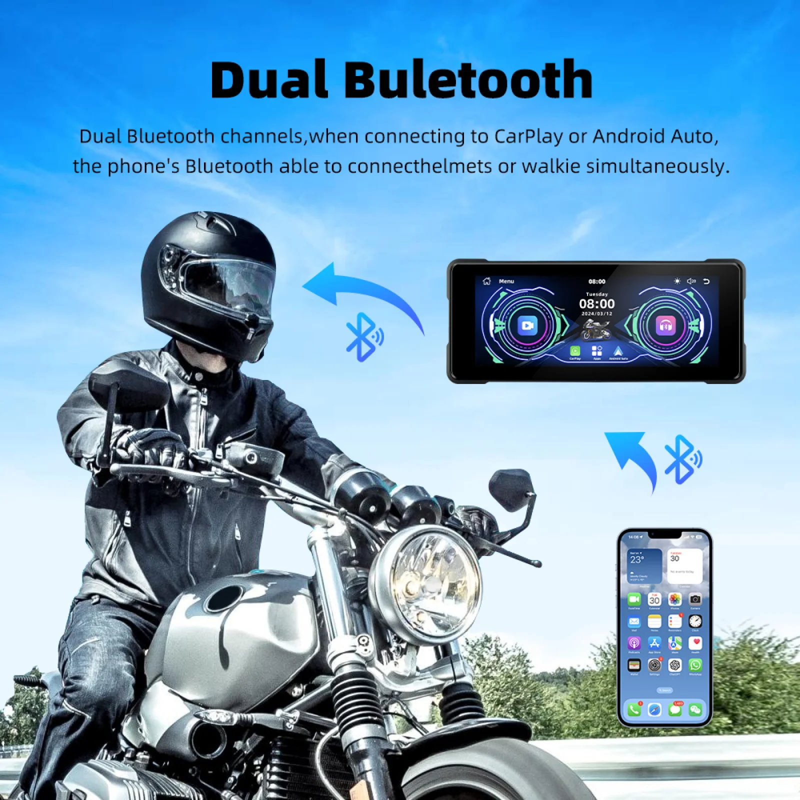 Portable 7inch Motorcycle Navigation Wireless CarPlay & Android Auto 800nit External Motorcycle Screen Outdoor IP67 Waterproof