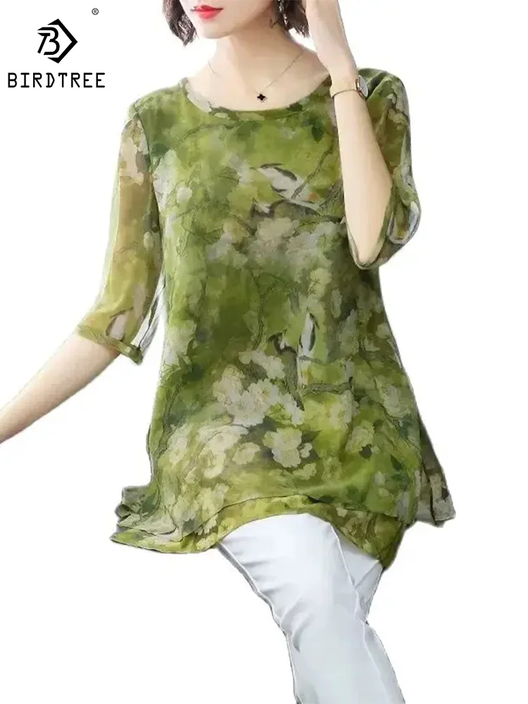 

BirdTree,Half Sleeve Floral Crepe,100%Mulberry Silk Shirt for Women,Loose Elegant OL Blouses,2024 Spring New Tops,T42224QM