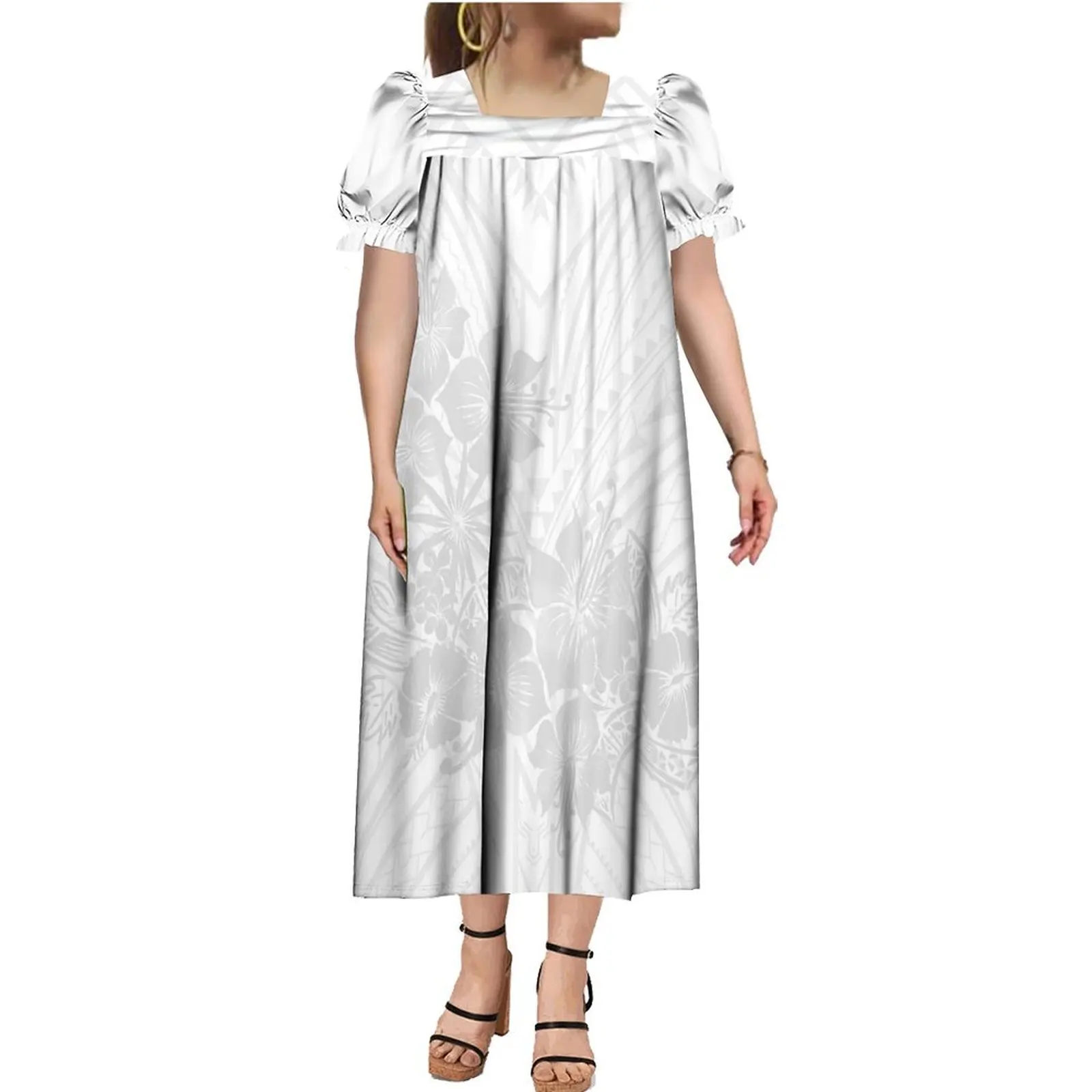 Custom mother day Micronesian Dress Micronesia Mumu Puff Short Sleeve Puffy Midi Dresses Polynesian Tribal Hawaiian White Dress